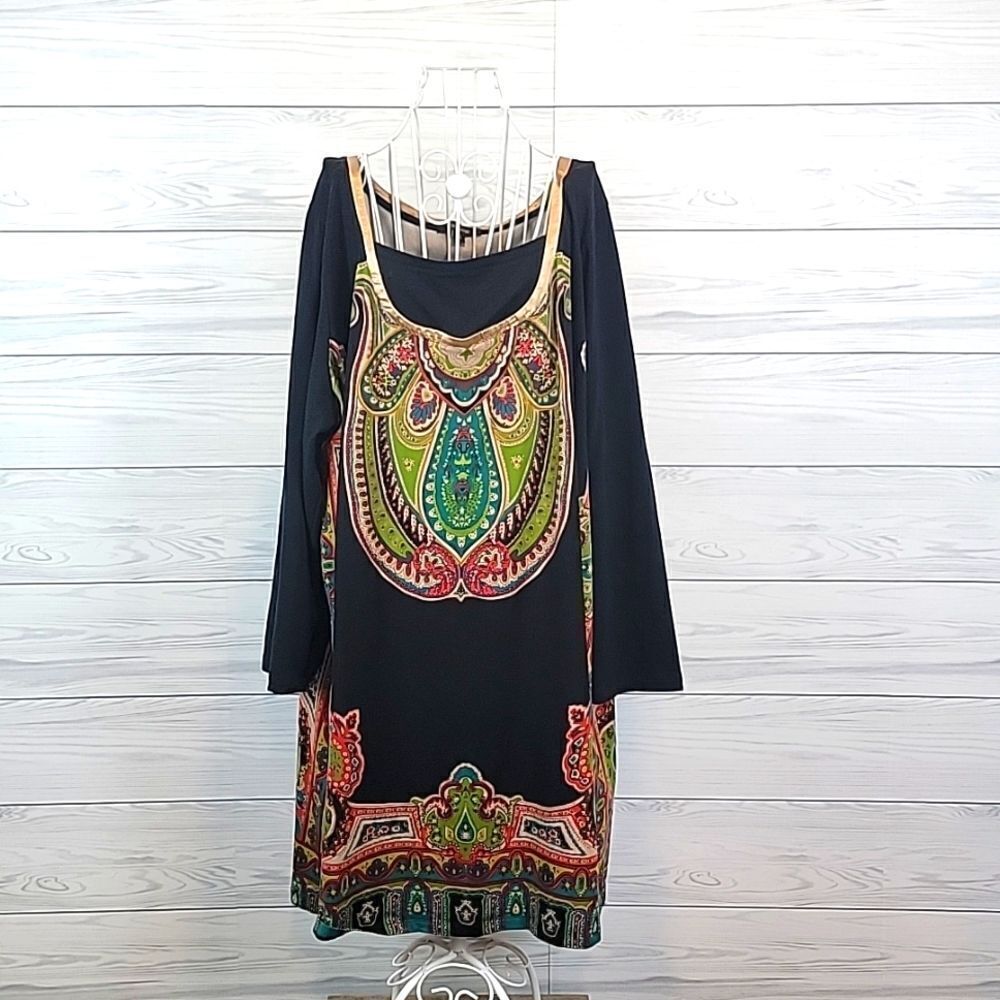 Tallissime tunic dress in black with bold color graphics Women's Size 26W